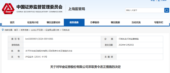 存多项违规行为 华金证券被责令改正!时任副总裁金葵华被出具警示函