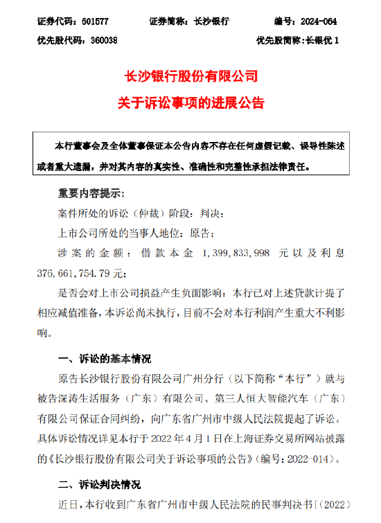 长沙银行:公布诉讼事项进展