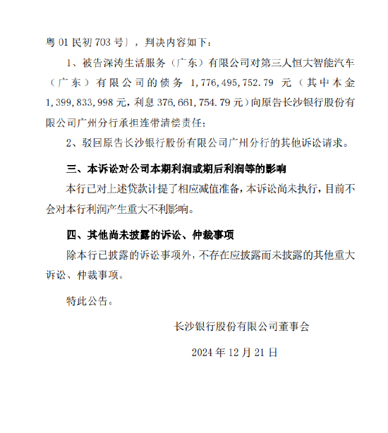 长沙银行:公布诉讼事项进展