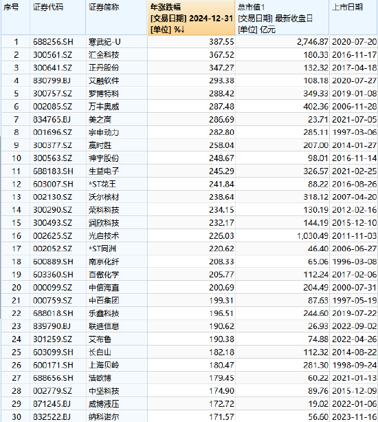 2024牛股盘点：3只股票涨幅超300%，20只股票涨幅超200%，94只股票涨幅超100%（名单）