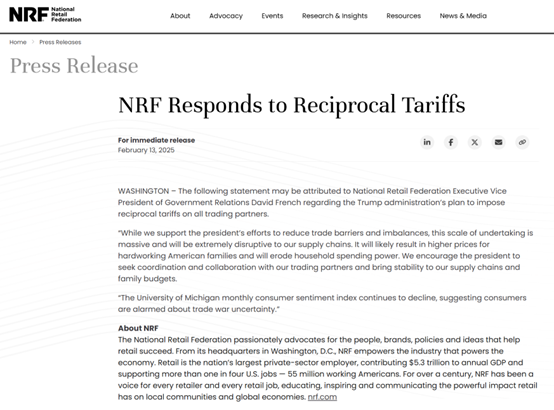 特朗普拟征“对等关税” 美零售商警告:美国人将遭受通胀冲击!