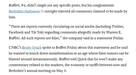 巴菲特支持特朗普关税计划？回应来了：假的