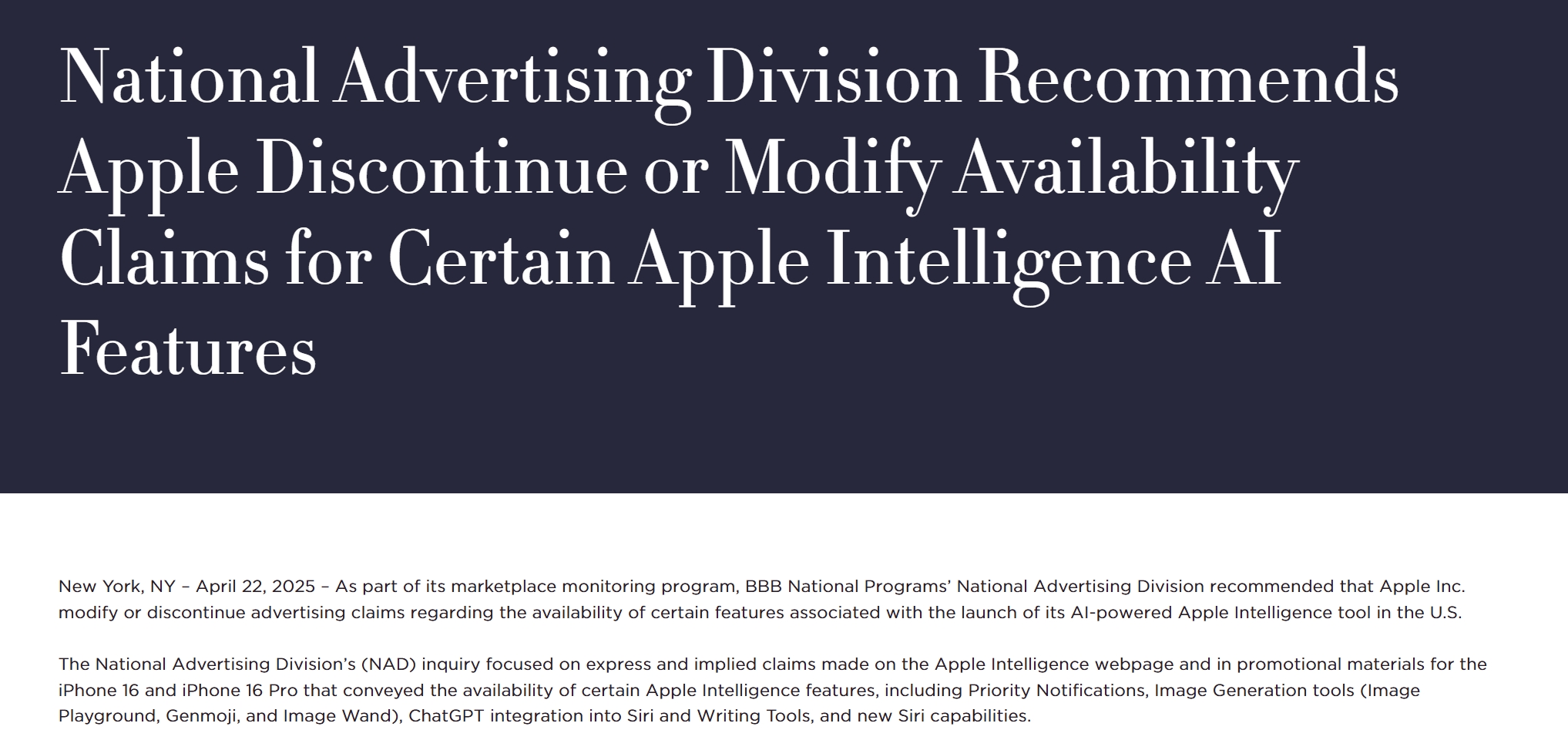 苹果美国官网应要求撤下AI功能“现已推出”字样