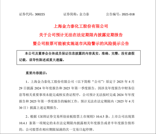 年报“难产”!300225或“披星戴帽”