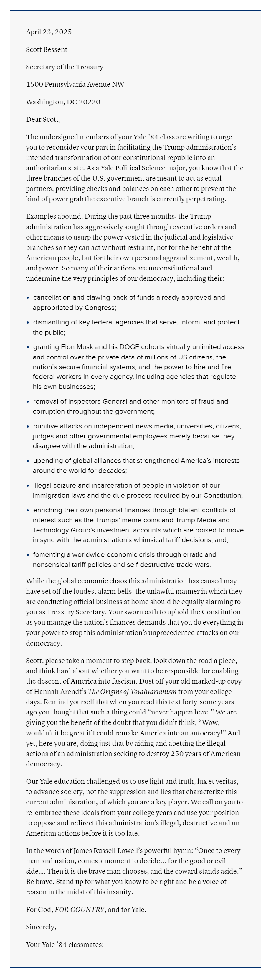 大学同学联名致信贝森特:认真思考下,你是否愿意为美国陷入“法西斯主义”负责