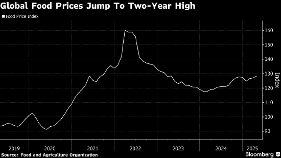 受关税担忧影响 全球粮食价格升至两年新高