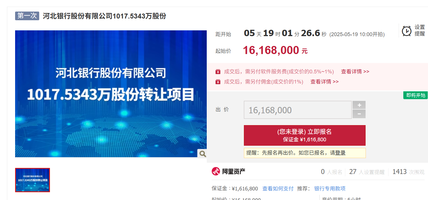 有城商行股权跌成白菜价?河北银行千万股份降价20%二拍 每股不到1块6