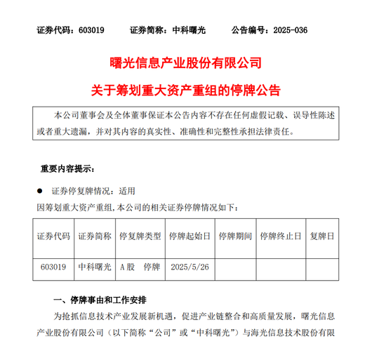 新规后首单!688041、603019,拟合并重组!