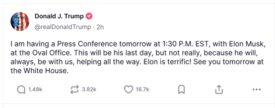 马斯克卸任倒计时！特朗普发声：明天白宫新闻发布会见