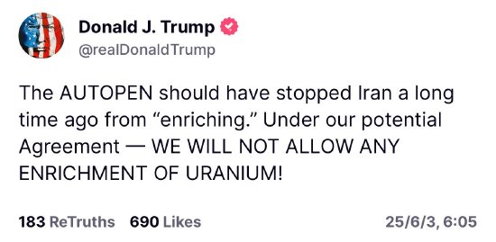 特朗普：美国不会同意伊朗进行任何铀浓缩活动