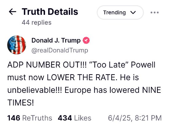 美国“小非农”远低于预期 特朗普再喊话：必须降息