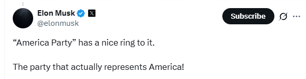 马斯克要创建美国新政党?在线投票获八成支持 名字都想好了