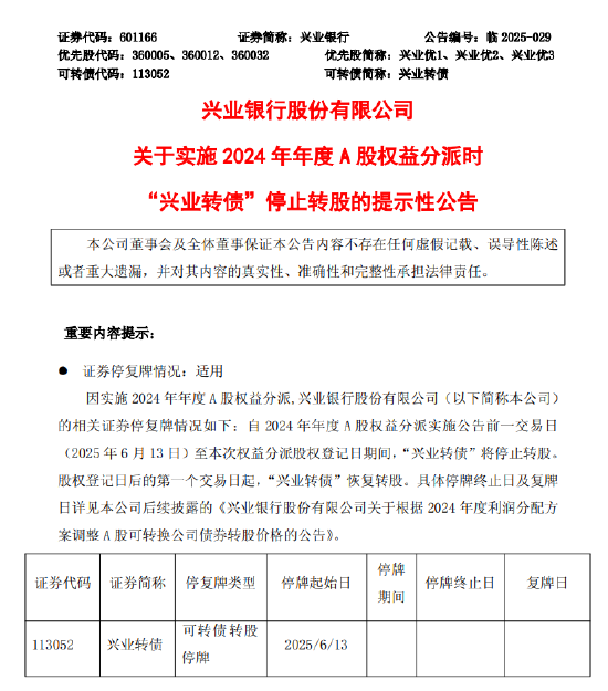 兴业银行：实施2024年年度A股权益分派时“兴业转债”停止转股