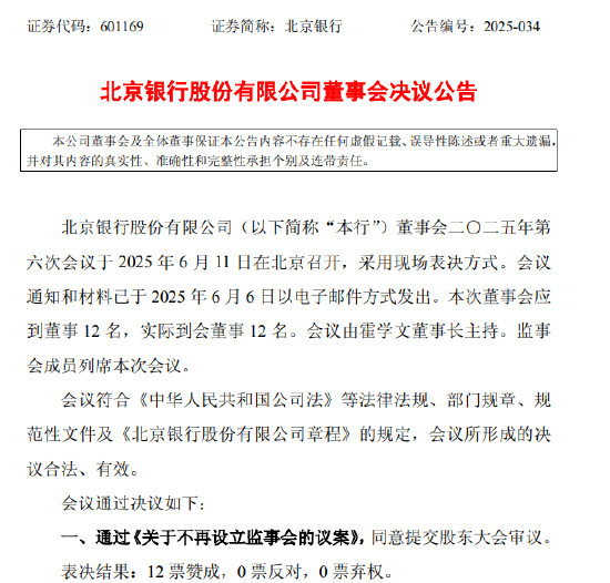 北京银行拟不再设立监事会