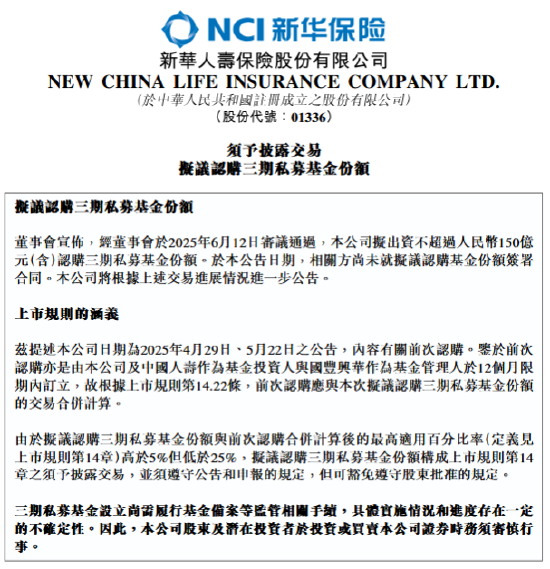 新华保险:拟出资不超过150亿元认购三期私募基金份额