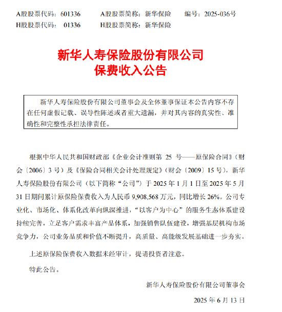 新华保险：前5月原保险保费收入990.86亿元，同比增长26%