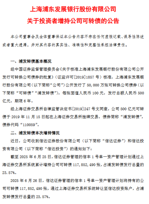 浦发银行：信达证券和信达投资增持公司可转债 占发行总量的23.57%