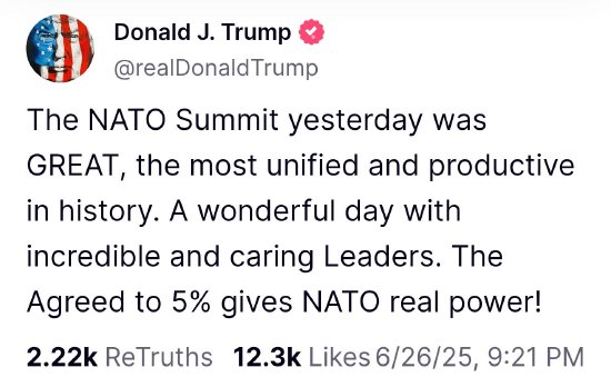 特朗普赞扬北约5%的国防开支承诺 称其赋予北约“真正实力”