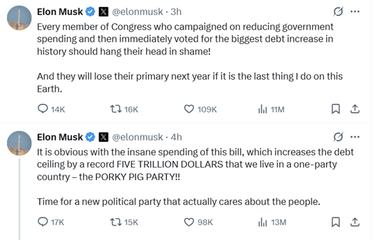 马斯克再次痛批“大而美”法案 并呼吁成立新政党