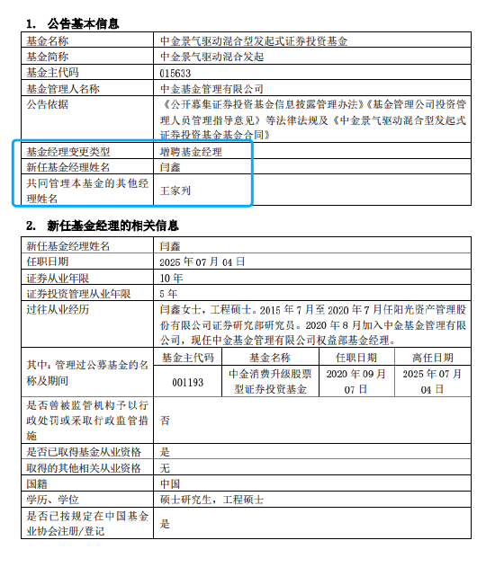 中金基金人事变动：五年任期回报负35%，闫鑫卸任中金消费升级股票，转岗中金景气驱动引关注
