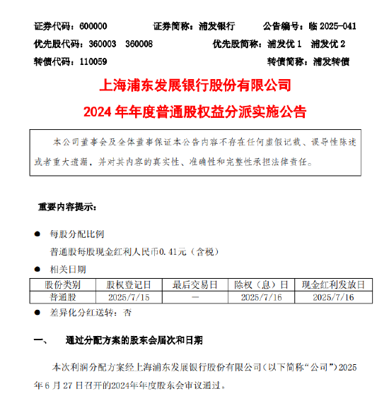 浦发银行公布2024年度权益分派方案：每股派发现金红利人民币0.41元（含税）