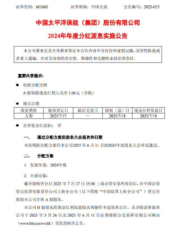 中国太保：7月18日A股每股派发现金红利1.08元（含税）