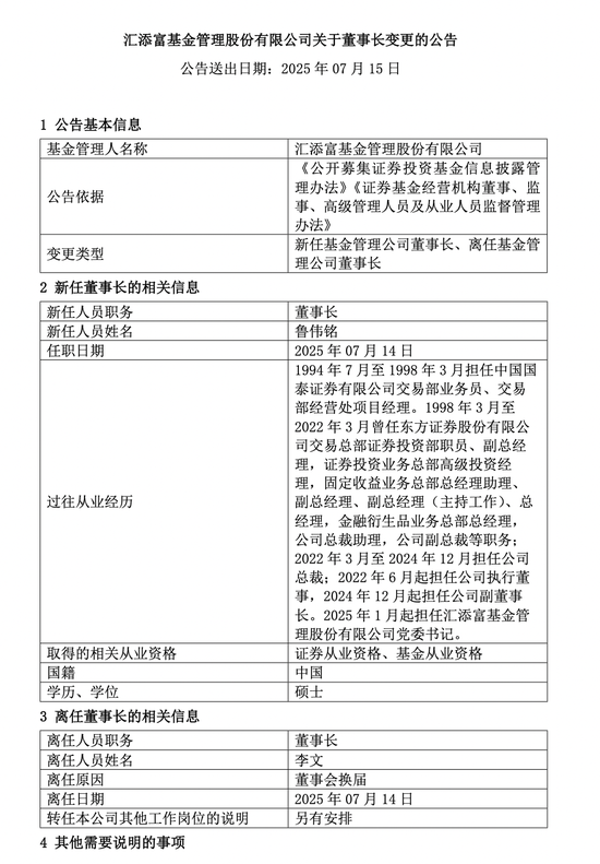 汇添富基金换帅：鲁伟铭任新董事长，李文掌舵十年分红1.9亿元