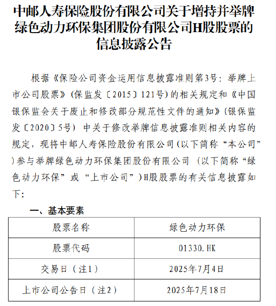 中邮保险举牌绿色动力环保 持股达5.0722%