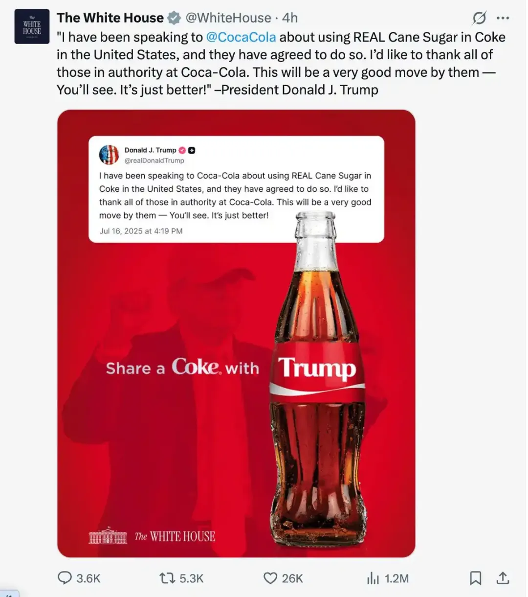 被特朗普“说服”了？可口可乐将在美国推出蔗糖饮品