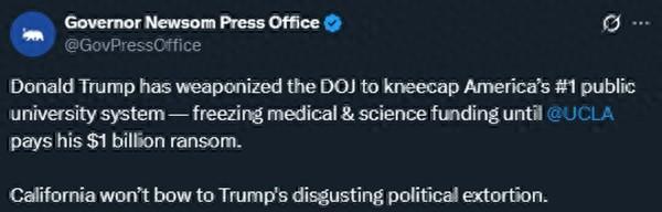 特朗普向UCLA索要10亿美元和解金，加州州长：这是政治敲诈，不会低头