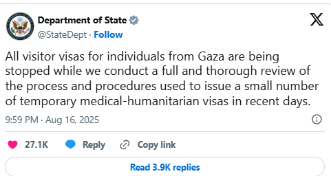 美国国务院停止向加沙地区人员发放医疗人道主义签证
