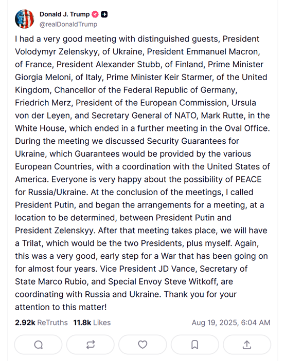 特朗普：已开始安排“普泽会” 随后将举行美俄乌三方领导人会晤