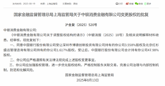 中国银行获批受让中银消金合计5.175%股权