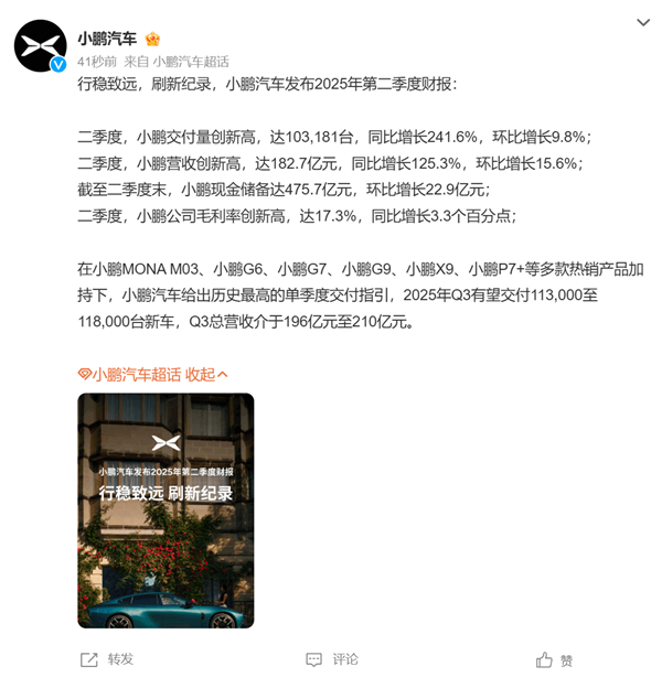 小鹏汽车:刷新纪录