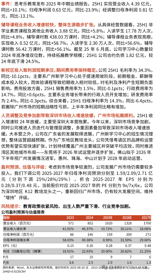【光大社服＆海外】思考乐教育：广州市场拓展顺利，新校区投入致利润短期承压