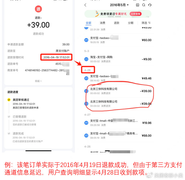 美团客服回应“退款疑问”:已修复退款信息滞后问题