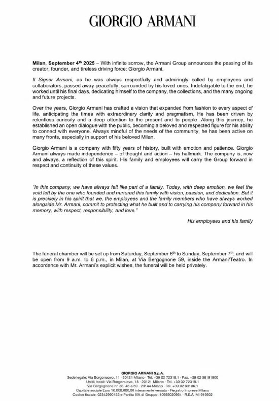 阿玛尼品牌创始人乔治·阿玛尼离世,享年91岁 | 贵圈