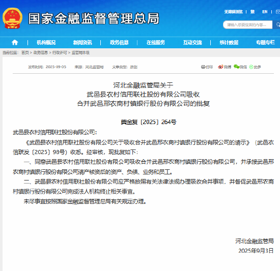 武邑县农村信用联社获准吸收合并武邑邢农商村镇银行