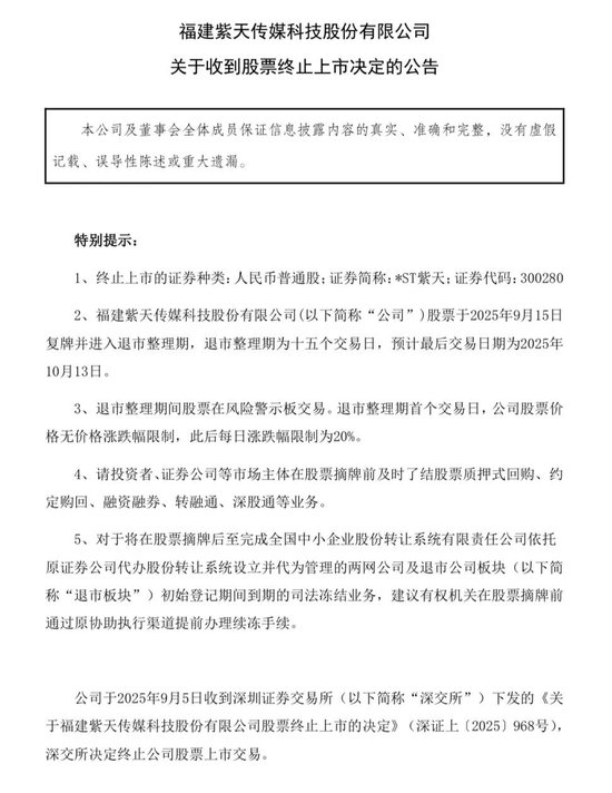 深交所：300280，终止上市！