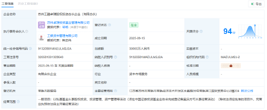 工银金融等在苏州成立股权投资合伙企业 出资额3亿