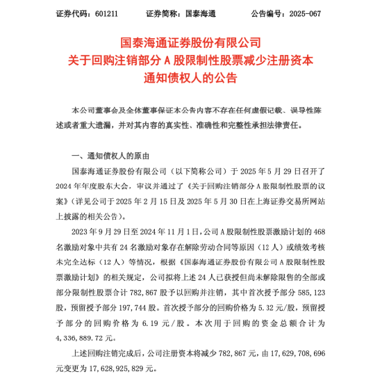 因24位员工离职或绩效未达标，国泰海通证券完回购注销78万股限制性股票，公司上半年员工人均月薪5.4万元