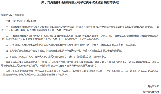 海南银行存在多项违规 被海南证监局责令整改
