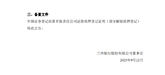兰州银行：股东盛达集团持有的200万股股份已解除质押