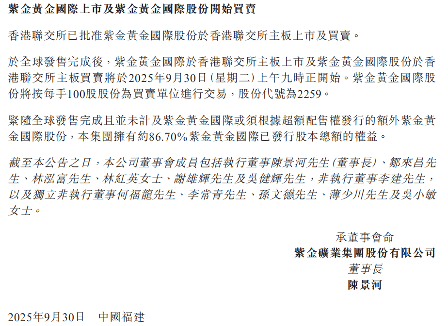 全球第二大IPO，紫金黄金首日收涨70%