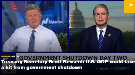 美国财长贝森特：政府停摆可能会对美国GDP造成冲击