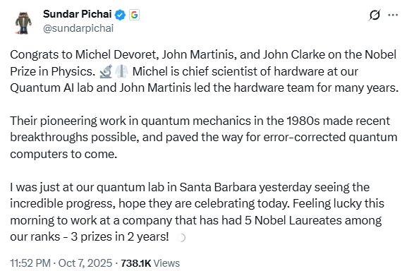 谷歌连续收获诺贝尔奖！AI拿下去年化学奖，量子计算拿下今年物理学奖