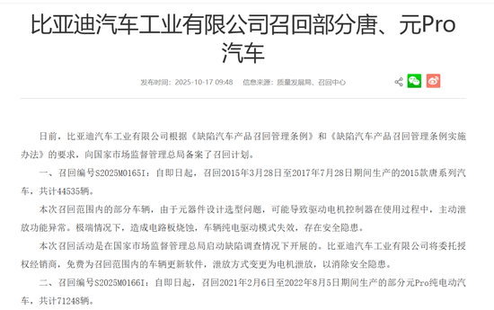 115783辆！比亚迪召回部分唐系列、元Pro汽车