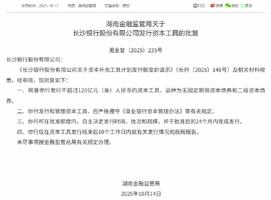 长沙银行获批发行不超120亿元（含）资本工具