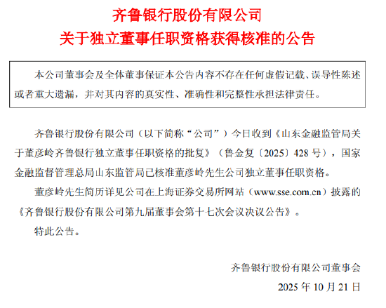 齐鲁银行：董彦岭获准担任独立董事