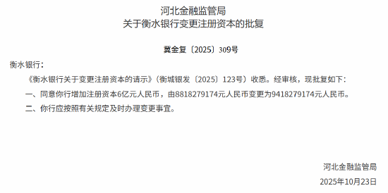 衡水银行获批增资6亿元